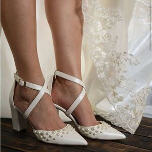 White Pearl Block Heels